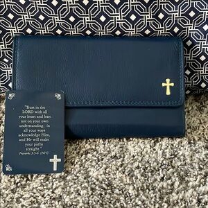 Sleek Blue Leather Wallet with Cross Emblem
